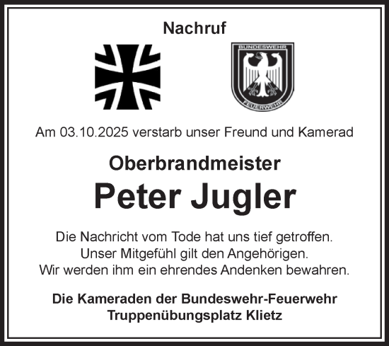 Traueranzeige von Peter Jugler von Volksstimme Altmark Ost