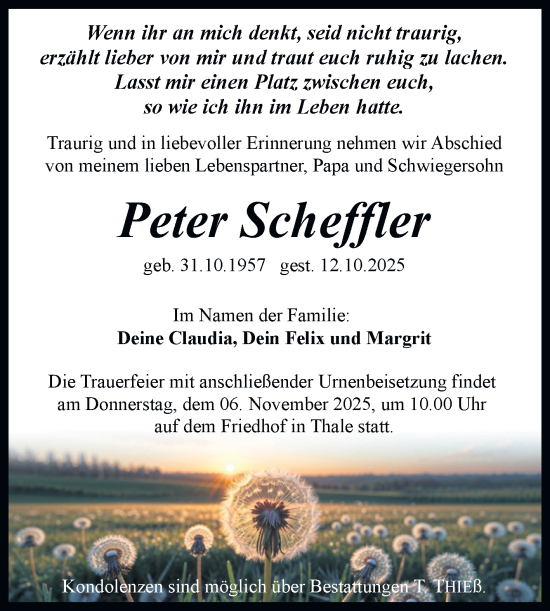 Traueranzeige von Peter Scheffler von Trauerkombi Quedlinburg