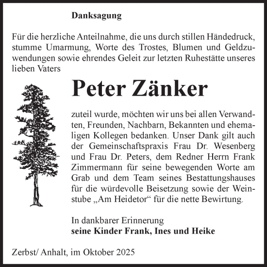 Traueranzeige von Peter Zänker von Volksstimme Zerbst