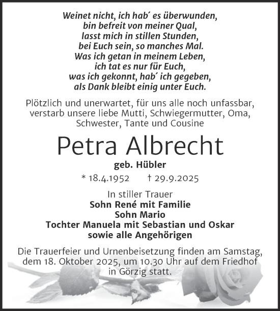 Traueranzeige von Petra Albrecht von Trauerkombi Köthen