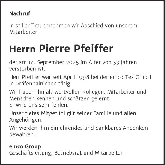Traueranzeige von Pierre Pfeiffer 