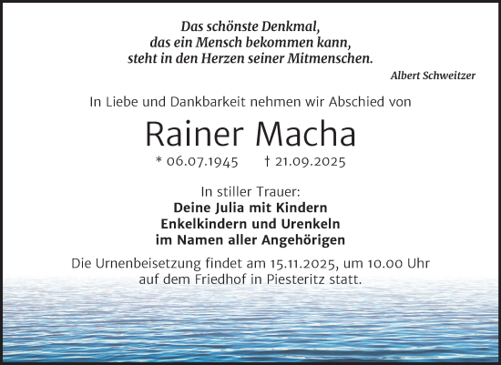 Traueranzeige von Rainer Macha von Trauerkombi Wittenberg
