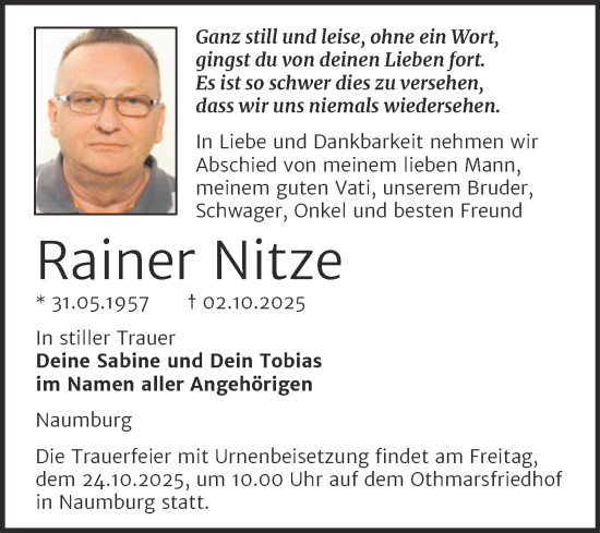 Traueranzeige von Rainer Nitze von Super Sonntag Naumburg/Nebra