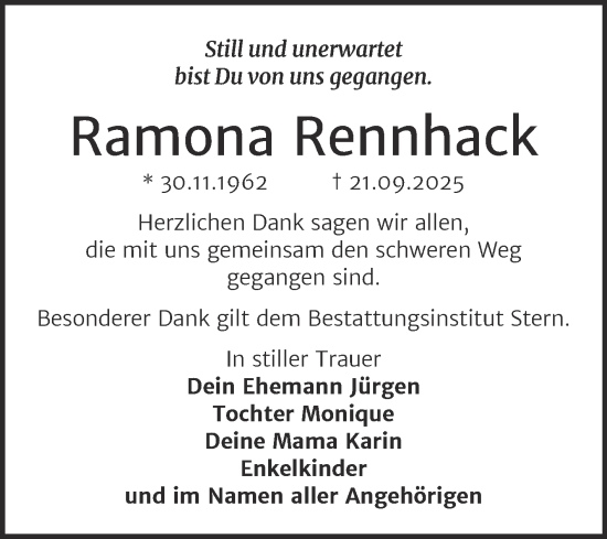 Traueranzeige von Ramona Rennhack von Trauerkombi Wittenberg