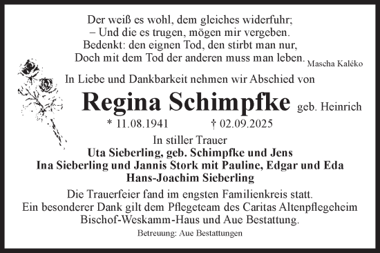 Traueranzeige von Regina Schimpfke von Volksstimme Magdeburg