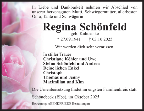 Traueranzeige von Regina Schönfeld von Volksstimme Schönebeck