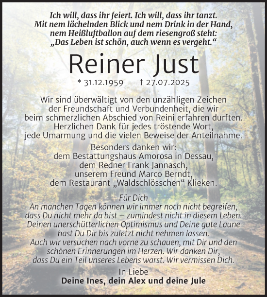 Traueranzeige von Reiner Just von Trauerkombi Wittenberg