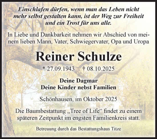 Traueranzeige von Reiner Schulze von Volksstimme Altmark Ost