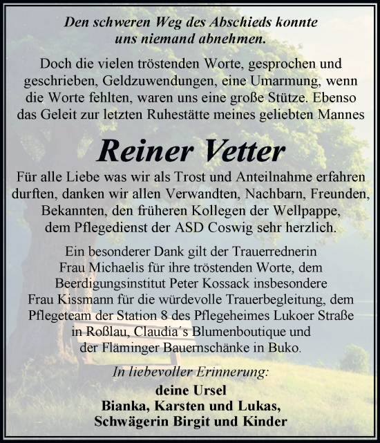 Traueranzeige von Reiner Vetter von Trauerkombi Wittenberg