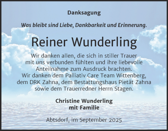 Traueranzeige von Reiner Wunderling von Trauerkombi Wittenberg