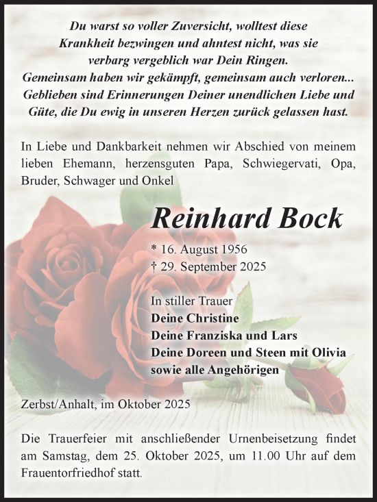 Traueranzeige von Reinhard Bock von Volksstimme Zerbst