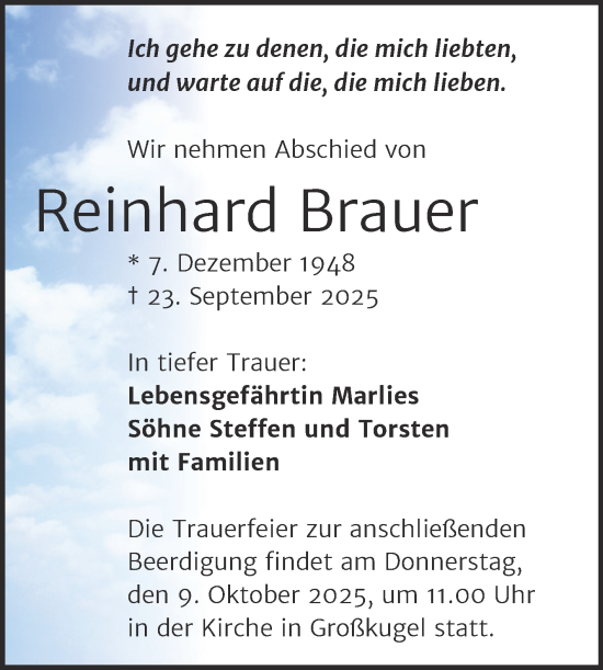 Traueranzeige von Reinhard Brauer von Mitteldeutsche Zeitung Halle/Saalkreis