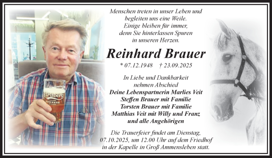 Traueranzeige von Reinhard Brauer von Volksstimme Haldensleben/Wolmirstedt