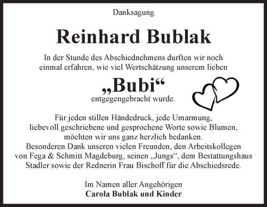 Traueranzeige von Reinhard Bublak von Volksstimme Magdeburg