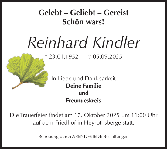 Traueranzeige von Reinhard Kindler von Volksstimme Magdeburg