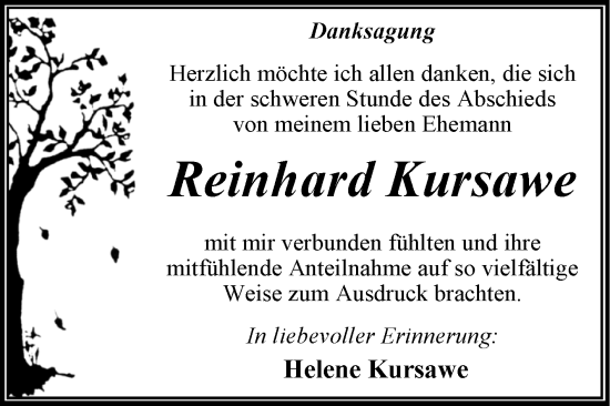 Traueranzeige von Reinhard Kursawe von Trauerkombi Wittenberg