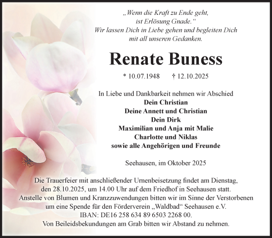 Traueranzeige von Renate Buness von Volksstimme Altmark Ost