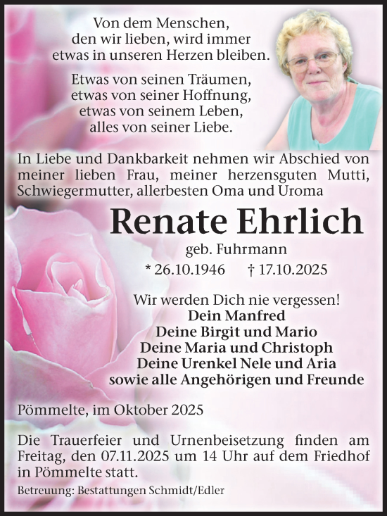 Traueranzeige von Renate Ehrlich von Volksstimme Schönebeck