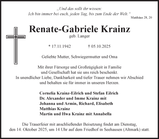 Traueranzeige von Renate-Gabriele Krainz von Volksstimme Altmark Ost