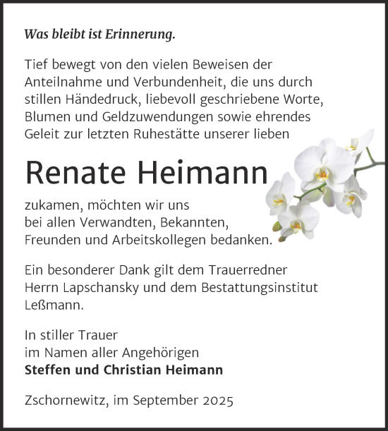 Traueranzeige von Renate Heimann von Trauerkombi Wittenberg