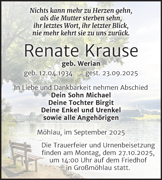Traueranzeige von Renate Krause von Trauerkombi Wittenberg
