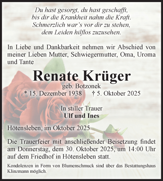 Traueranzeige von Renate Krüger von Volksstimme Oschersleben/Wanzleben