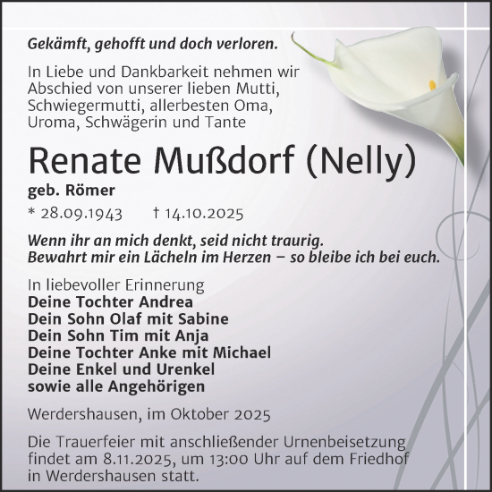 Traueranzeige von Renate Mußdorf von Trauerkombi Köthen