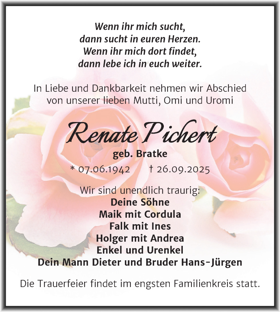  Traueranzeige für Renate Pichert vom 11.10.2025 aus Trauerkombi Wittenberg