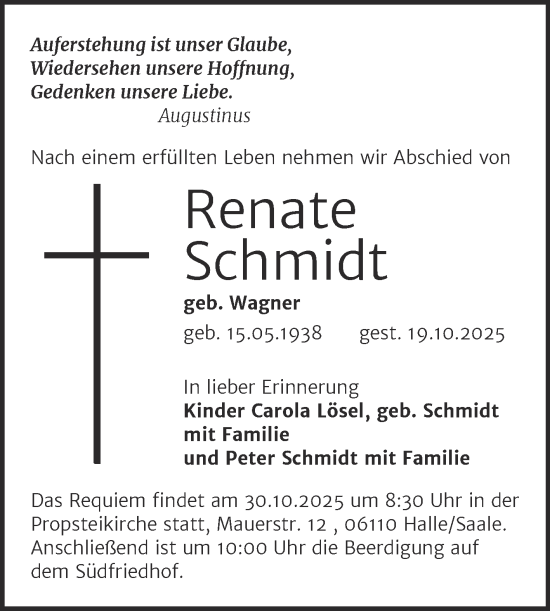Traueranzeige von Renate Schmidt von Mitteldeutsche Zeitung Halle/Saalkreis