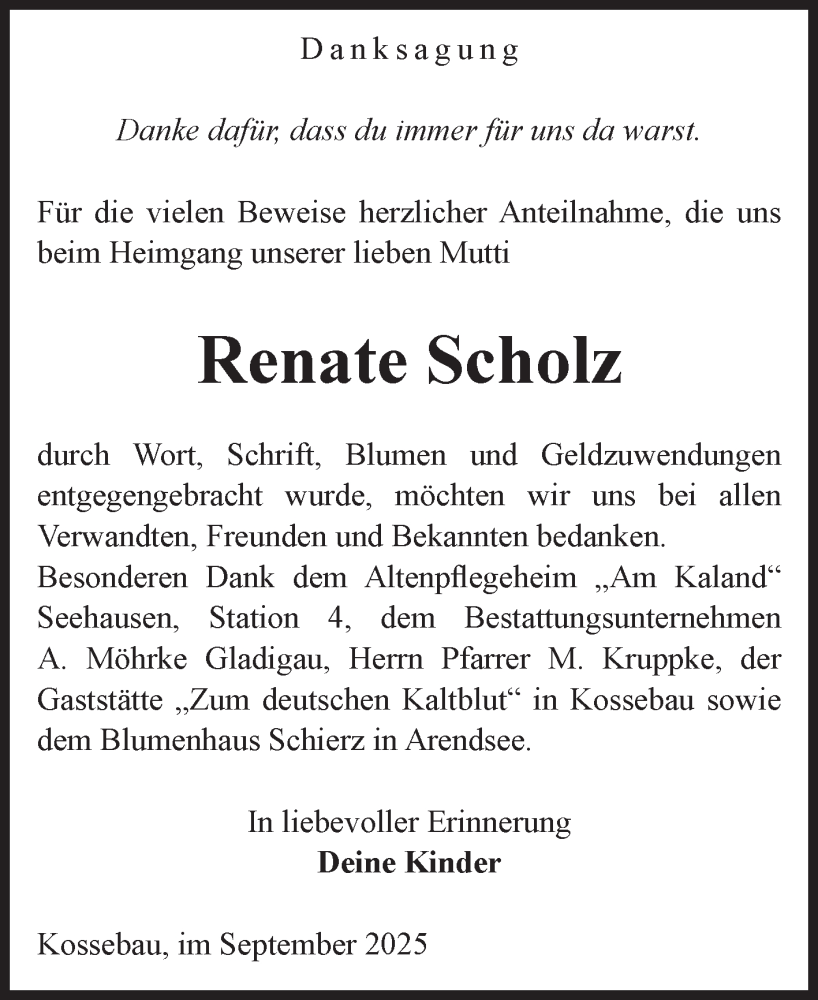  Traueranzeige für Renate Scholz vom 04.10.2025 aus Volksstimme Altmark Ost