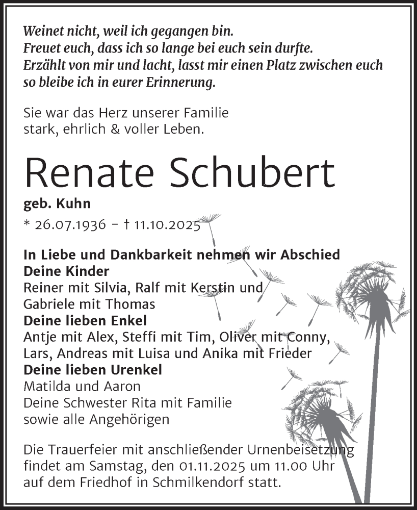  Traueranzeige für Renate Schubert vom 18.10.2025 aus Trauerkombi Wittenberg