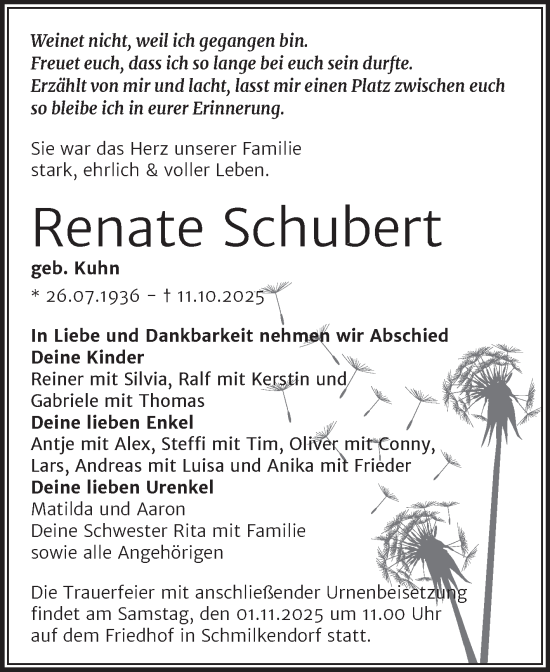Traueranzeige von Renate Schubert von Trauerkombi Wittenberg