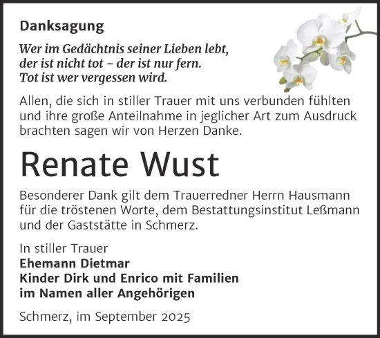 Traueranzeige von Renate Wust von Trauerkombi Bitterfeld