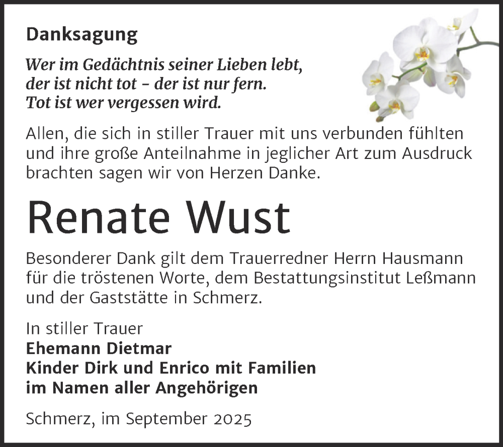  Traueranzeige für Renate Wust vom 11.10.2025 aus Trauerkombi Bitterfeld
