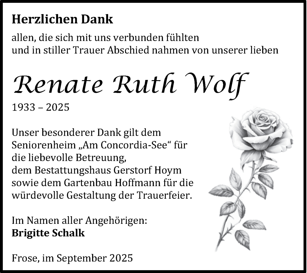  Traueranzeige für Renate Ruth Wolf vom 04.10.2025 aus Trauerkombi Aschersleben
