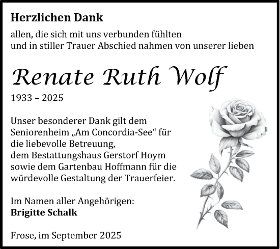 Traueranzeige von Renate Ruth Wolf von Trauerkombi Aschersleben