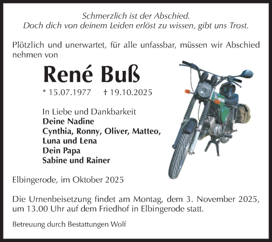 Traueranzeige von René Buß von Volksstimme Wernigerode