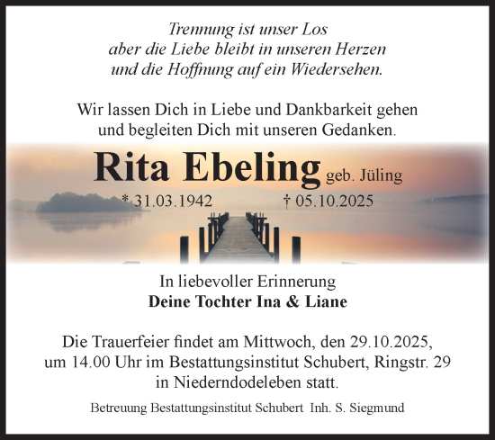 Traueranzeige von Rita Ebeling von Volksstimme Oschersleben/Wanzleben