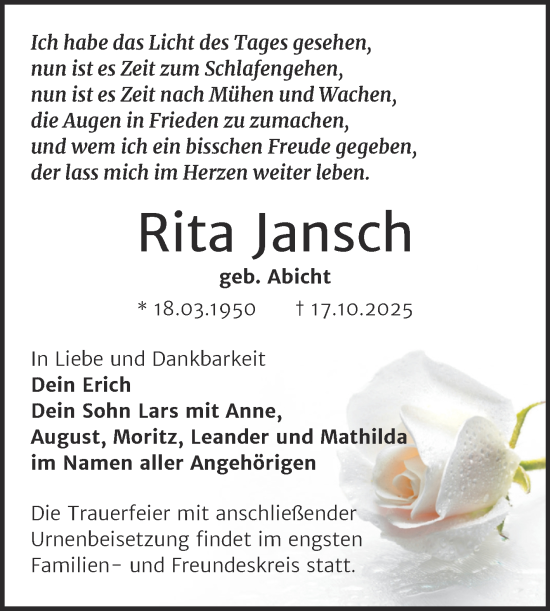 Traueranzeige von Rita Jansch von Trauerkombi Sangerhausen
