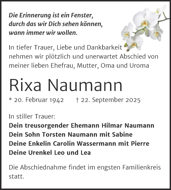 Traueranzeige von Rixa Naumann von Trauerkombi Dessau