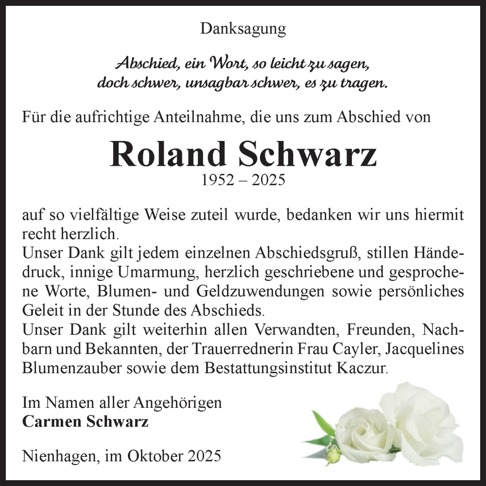  Traueranzeige für Roland Schwarz vom 04.10.2025 aus Volksstimme Halberstadt