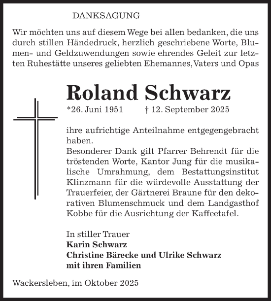 Traueranzeige von Roland Schwarz von Volksstimme Oschersleben/Wanzleben