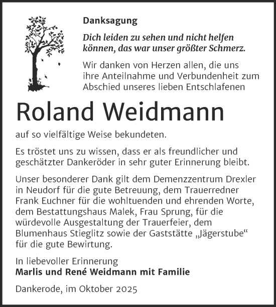 Traueranzeige von Roland Weidmann von Trauerkombi Quedlinburg