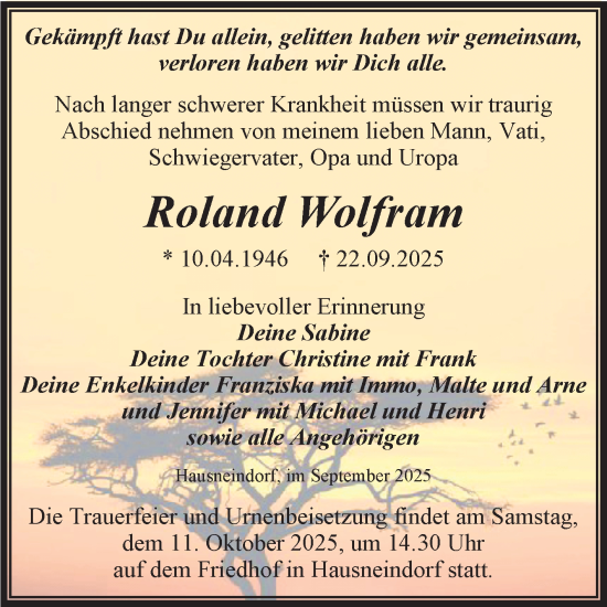 Traueranzeige von Roland Wolfram von Trauerkombi Quedlinburg