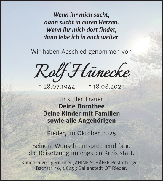 Traueranzeige von Rolf Hünecke von Trauerkombi Quedlinburg