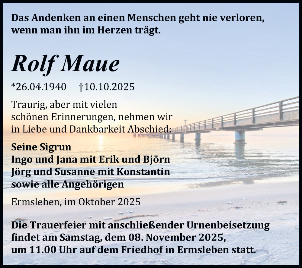  Traueranzeige für Rolf Maue vom 25.10.2025 aus Trauerkombi Aschersleben