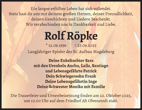 Traueranzeige von Rolf Röpke von Volksstimme Magdeburg