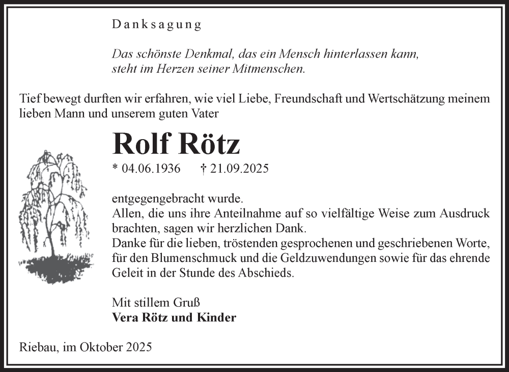  Traueranzeige für Rolf Rötz vom 25.10.2025 aus Volksstimme Altmark West