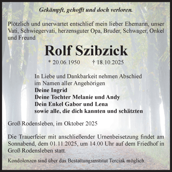 Traueranzeige von Rolf Szibzick von Volksstimme Oschersleben/Wanzleben