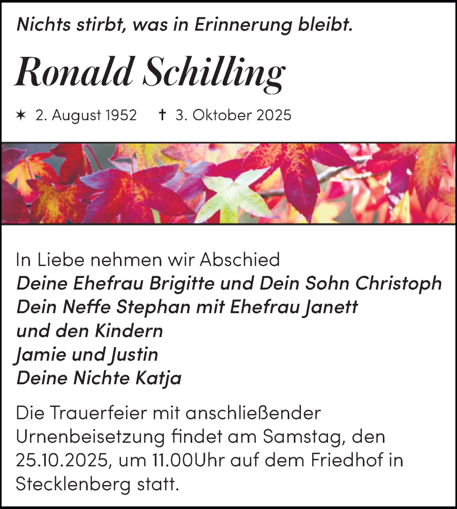  Traueranzeige für Ronald Schilling vom 11.10.2025 aus Trauerkombi Quedlinburg